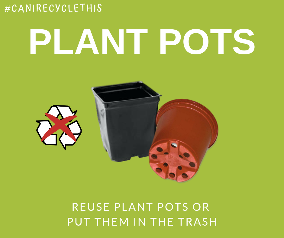 Square black and terra-cotta colored round plastic empty plant pots, recycling symbol with red x, text "Reuse plant pots or put them in the trash"  
