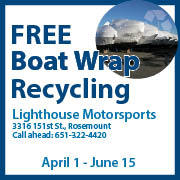 Boats wrapped in white plastic, text "Free boat wrap recycling Lighthouse Motorsports, April 1 - June 15."