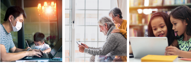 Man in mask in public space with boy in background working on laptop, older man and woman viewing screen together, two girls viewing laptop.
