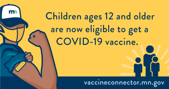 Infographic masked person with muscle arm and sleeve rolled up, band aid on shoulder; text "Children ages 12 and older are now eligible"