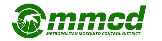 Logo: mosquito icon in dark green circle with text "mmcd Metropolitan Mosquito Control District" 