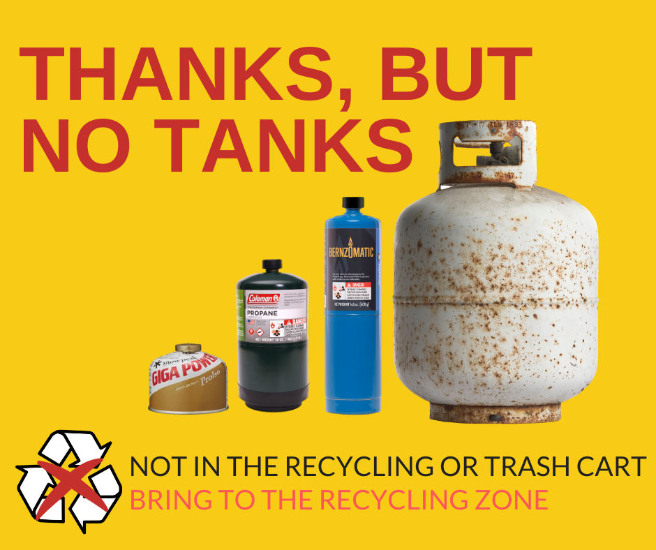 Infographic: Four different types and sizes of propane tanks, text "Thanks, but no tanks, not in the recycling or trash cart bring to Recycling Zone"