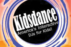 Swilled background of blue, yellow, and orange with text "Kidsdance America's Interactive DJs for Kids!"