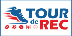 Athletic shoe in motion, text "Tour de Rec," football, soccer ball, basketball, person on swing, and volleyball icons.