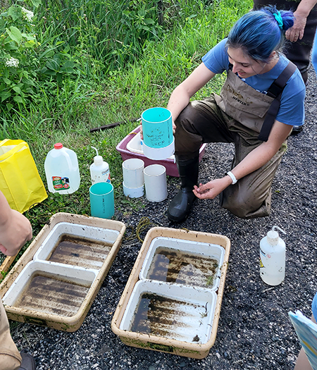 Person kneeling in bib waterproof waders and boots, holding large cup above two divided pans near gallon water jug and bottles.