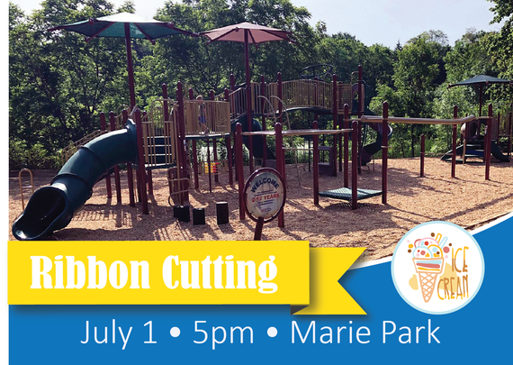 Multi-platform playground equipment with tube slide and overhead shade canopies, text "Ribbon Cutting July 1, 5pm, Marie Park," ice cream cone icon
