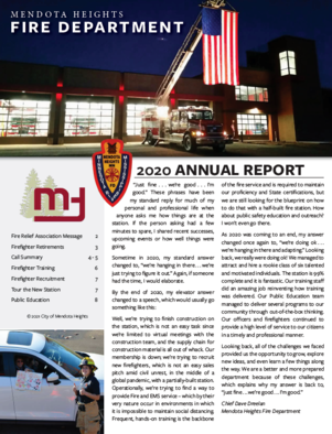 Cover of MHFD Annual Report; picture of station at night with truck and American flag, firefighter giving the thumbs up, text "2020 Annual Report"