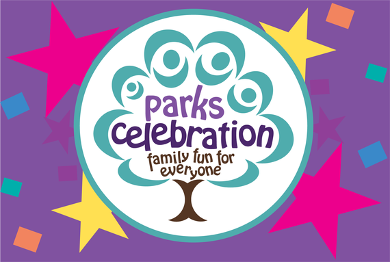 Logo, text "Parks Celebration family fun for everyone" in tree outline with colorful stars and confetti in background