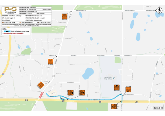 Map of Dodd Road and Hwy 62 closure area showing business access routes to use Dodd Rd from the north or the 62 frontage road to Market St