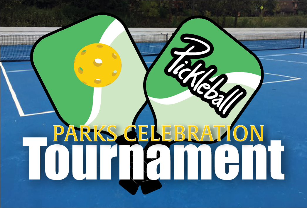 Blue and white-lined pickleball court with net, two small flat paddles with Wiffle-style ball, text "Parks Celebration Tournament"