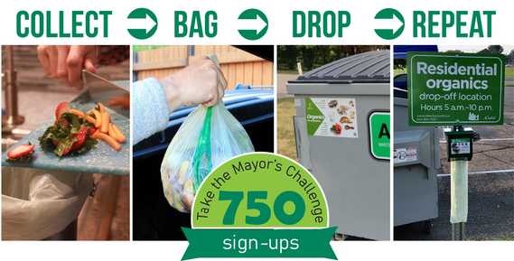 Strawberry and carrot scraps being scraped into bag, filled bag being dropped into dumpster, bag dispenser at park, text "Collect, bag, drop, repeat"