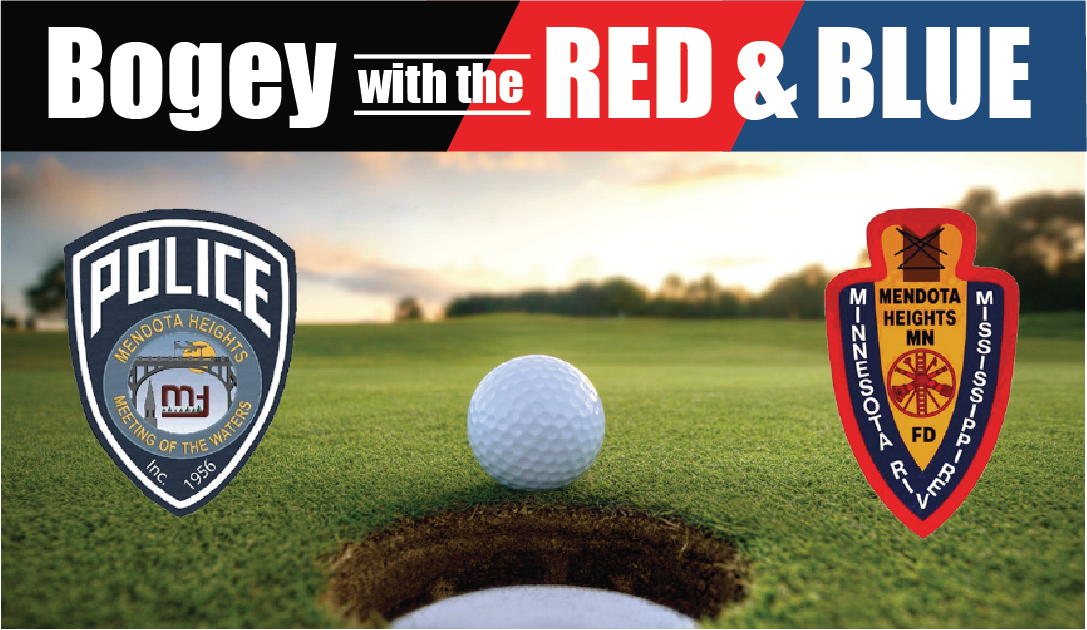 Golf ball hovering near edge of cup on green, MHPD and MHFD logo badges, text "Bogey with the Red and Blue"