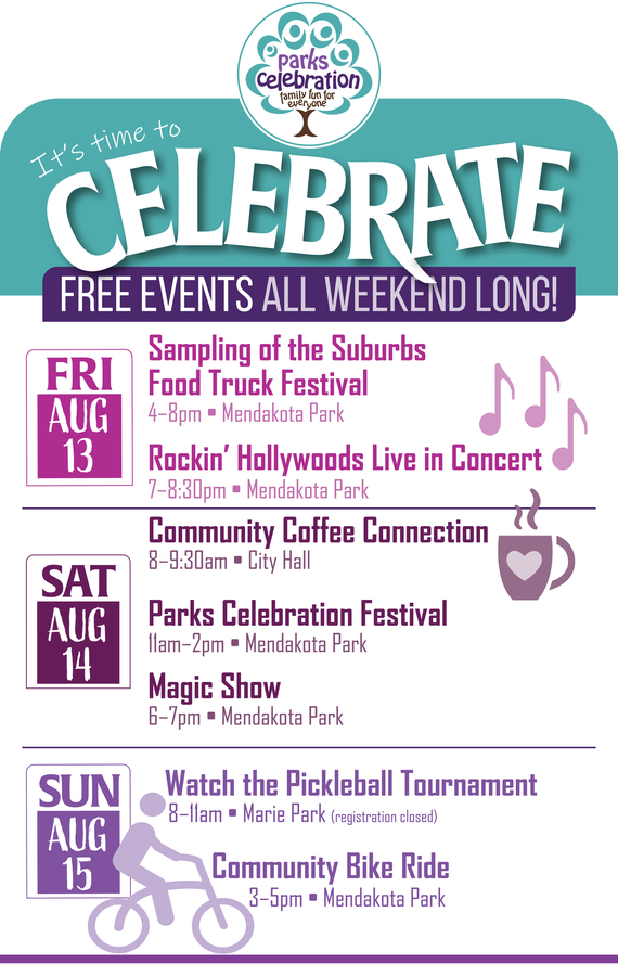 Parks Celebration poster listing events Aug 13 through Aug 15, text "It's time to celebrate - free events all weekend long!" (visit webpage for text)