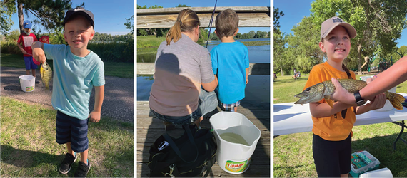 Smiling boy in cap and t-shirt holding panfish; woman crouched next to boy on pier helping him fish; smiling girl holding large Northern Pike 