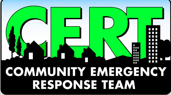 CERT printed in bright green behind homes and office building drawn landscape; white text on black "Community Emergency Response Team"