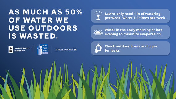 Infographic: As much as 50% of water we use outdoors is wasted; use 1" water per week, early a.m. or late p.m., check hoses/pipes for leaks.