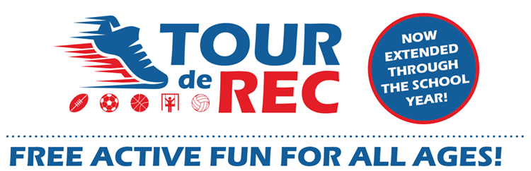 Logo: Text Tour de Rec text with athletic shoe in motion, text "Now extended through the school year, free active fun for all ages"