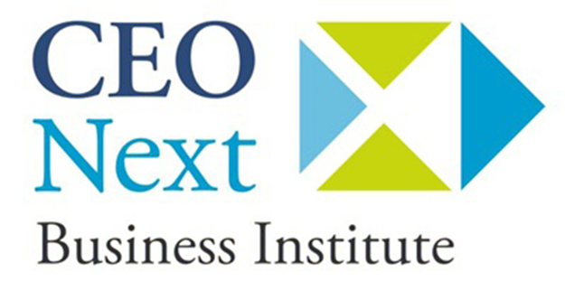 CEO NEXT Business Institute logo: dark and light blue lettering, three triangles pointing to center with large triangle pointing to right
