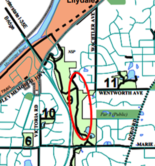 Map of trail in Valley Park with large portion of trail circled in red.