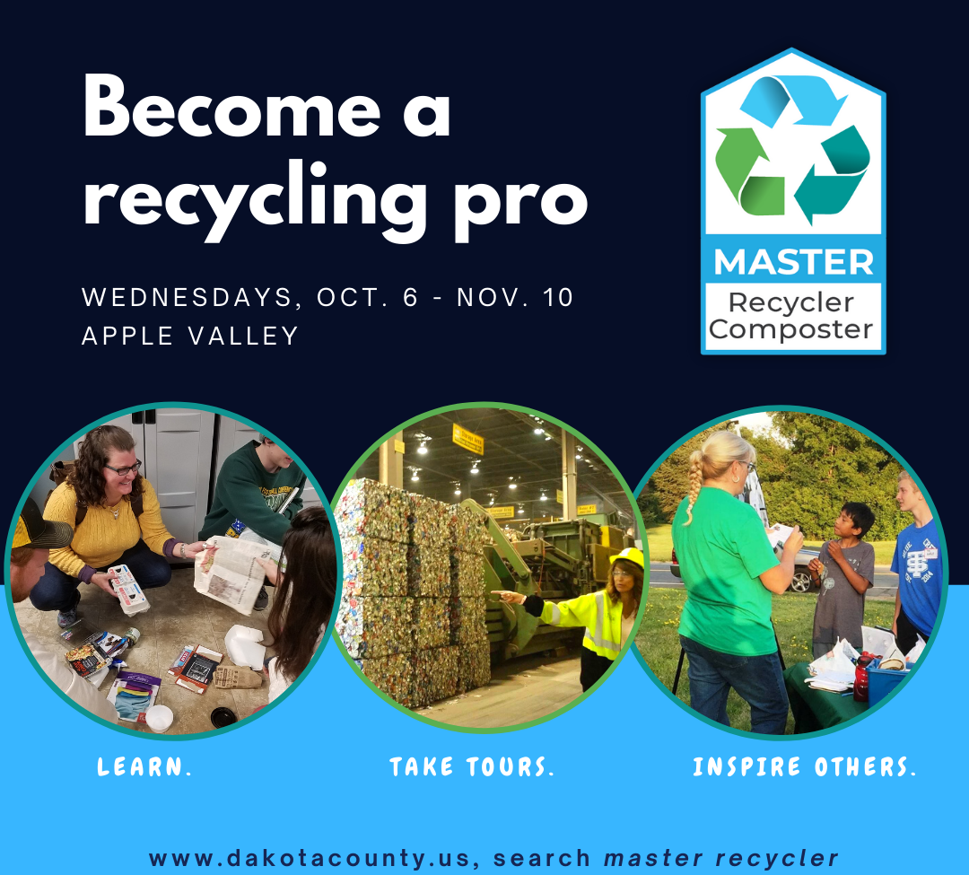 Text "Become a recycling pro, Wednesdays, Oct 6 to Nov  10, Apple Valley", students meeting, recycling facility tour, woman teaching kids in park