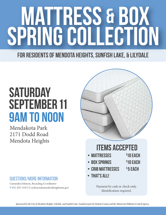 Flier for Mattress & Box Spring Collection Event, Sept 11, 9am-noon, Mendakota Park; please link to webpage for details.