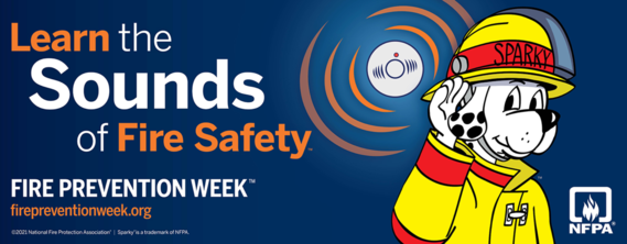 Sparky the dalmatian in turnout gear with paw to ear listening to alarm, text "learn the sounds of fire safety, fire prevention week"