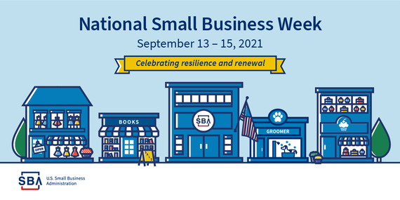 National Small Business Week Sept 13-15, 2021 graphic; book shop, groomer, bakery, dress shop art, US Small Business Administration logo