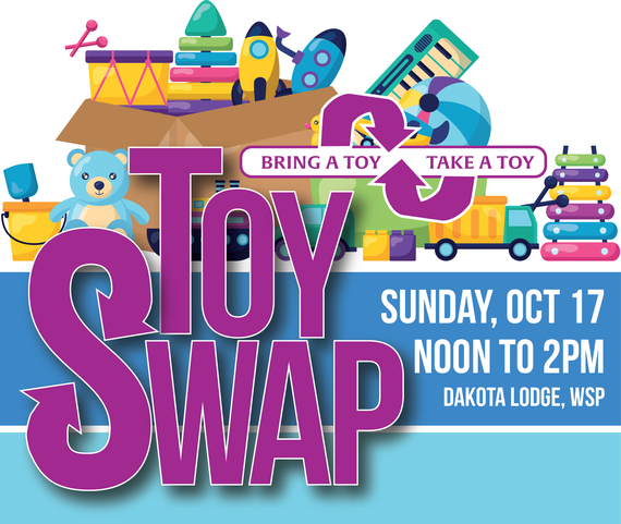 Illustration of toy pile spilling out of cardboard box, text "Toy Swap, bring a toy, take a toy, Sun Oct 17, Noon to 2pm, Dakota Lodge, WSP"