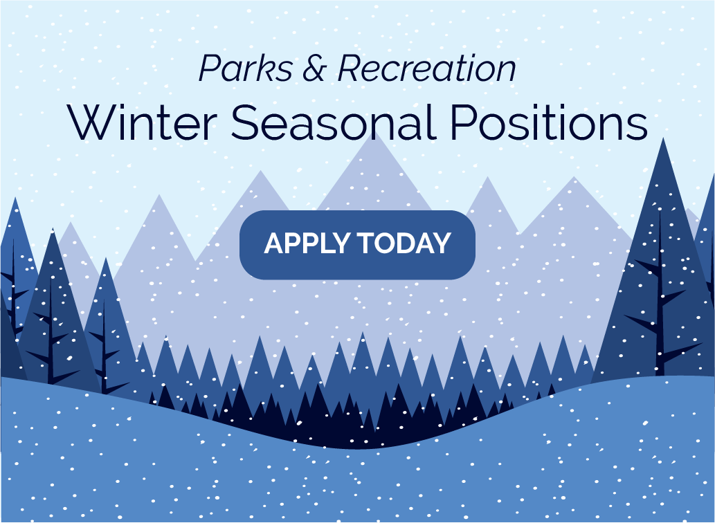 Illustration of snow falling over mountains and trees in blue tones, text "Parks & Recreation winter seasonal positions, apply today"