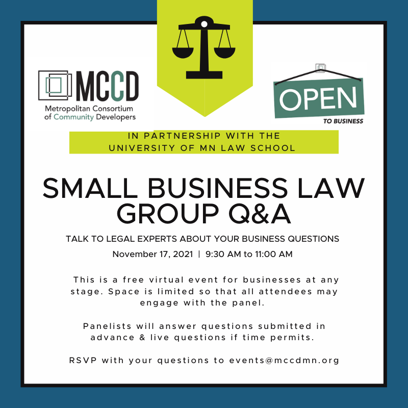 Small Business Law Group Q&A Nov 17, 9:30-11am, free virtual event for businesses at any stage, RSVP to events@mccdmn.org