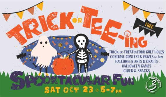 Ghost and skeleton holding a pumpkin with candy and bats in background. Text "Trick or Tee-ing, spooktacular fun, Oct 23, 5-7pm, Par 3 golf course"