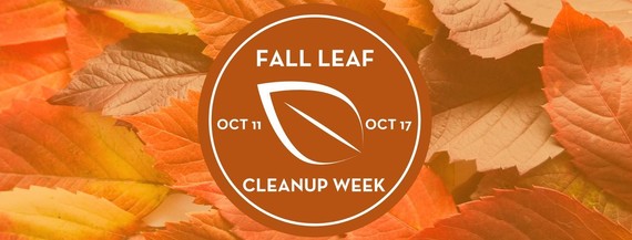 Assorted orange, yellow, brown leaves with logo "Fall Leaf Cleanup Week, Oct 11-Oct 17"