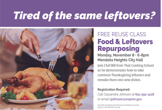 Person cutting large turkey on tabletop, text "Tired of the same leftovers? Free reuse class on food and leftovers repurposing Nov 8" 