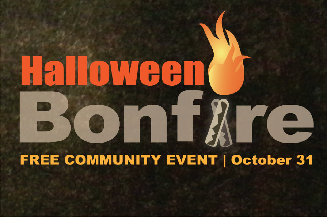 Orange and gold text  on black background "Halloween Bonfire free community event, October 31"