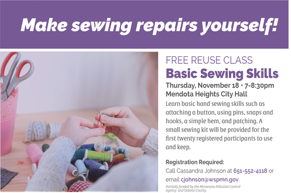 Hands pulling thread through needle with thread and scissors on tabletop, text "Make sewing repairs yourself! Free Reuse Class" see link for details