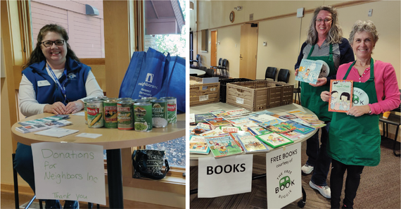 Woman sitting by tabletop with canned foods, sign "Donations for Neighbors Inc.", two women smiling in green aprons holding books.