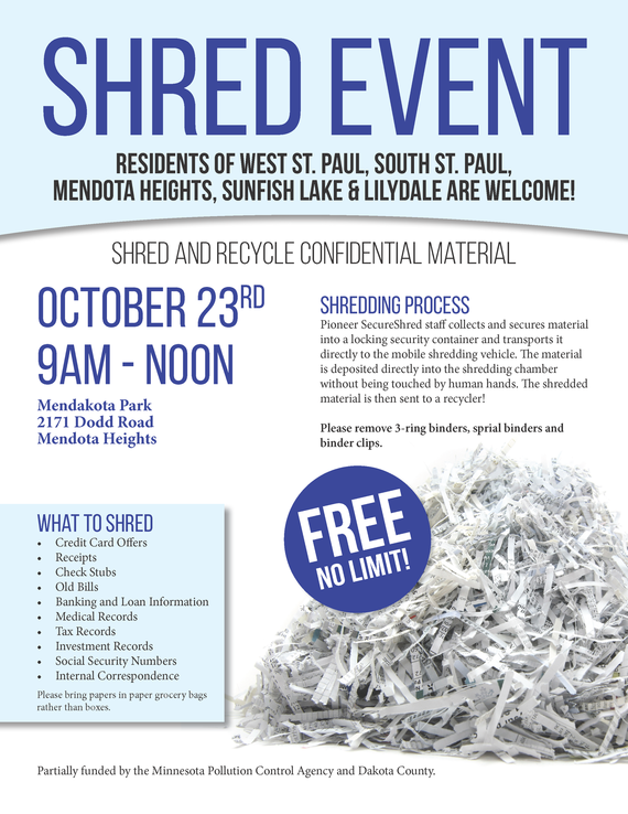 Paper Shred event flier: shredded paper, text "Oct 23, 9am to noon, Mendakota Park, 2171 Dodd Road, free no limit" see link for details