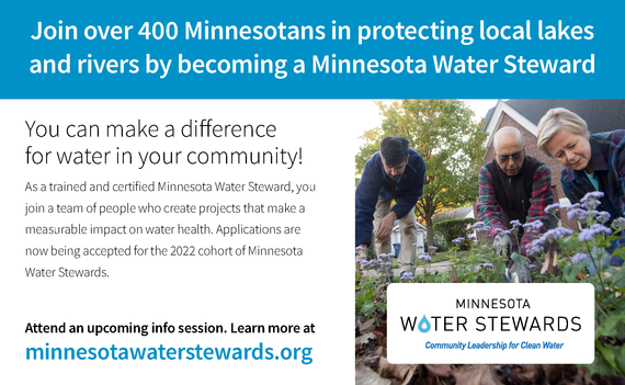 Ad for Minnesota Water Stewards: three adults tending to a garden bed, text "Join over 400 Minnesotans in protecting local lakes and rivers..."