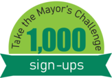Logo design with text "Take the Mayor's Challenge 1,000 sign-ups" 