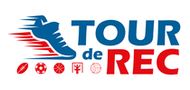 Icon of moving athletic shoe, various sports balls, person on swing, text "Tour de Rec"