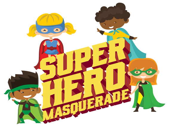 Four cartoon character kids in capes and eye masks with 3D stylized text "Superhero Masquerade"