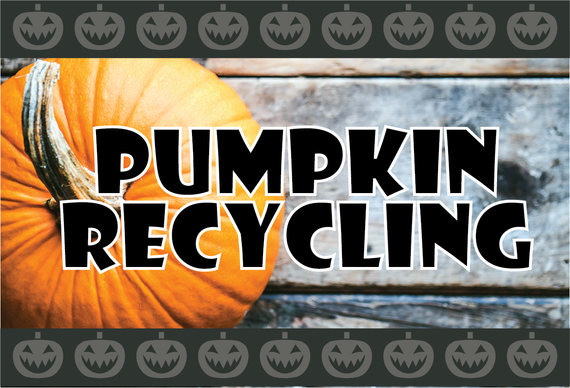 Pumpkin on wooden background with jack-o'-lantern icons running top and bottom, text "Pumpkin Recycling"