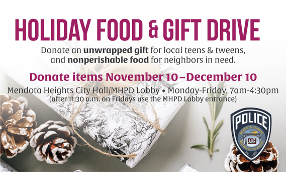 Gift wrapped in twine with pine cones, text "Holiday food and gift drive; donate an unwrapped gift and nonperishable food" details in link