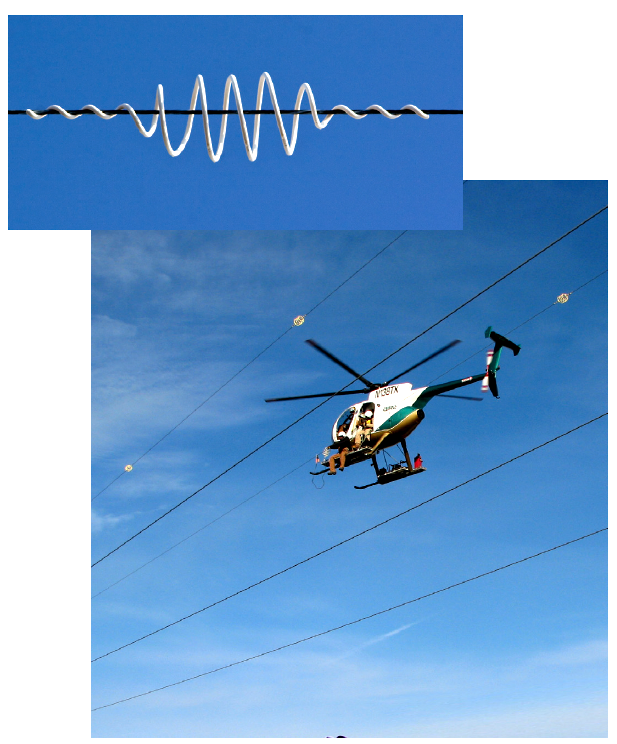 White spiral coil-like wire wrapped about power line; helicopter hovering near power line with person attaching the spiral to it.