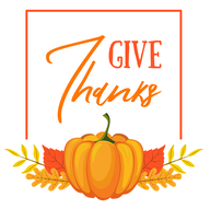 Text "Give thanks" with illustration of pumpkin and fall leaves below text.