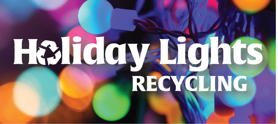 Colorful holiday string lights, text "Holiday lights recycling" 
