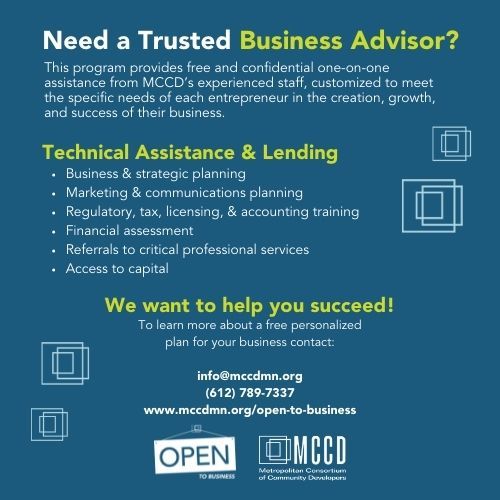 Text "Need a trusted business advisor? To learn more about a free personalized plan for your business contact info@mccdmn.org" follow link for details