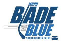 Logo text "MHPD Blade with the Blue Youth Hockey Event", hockey stick and puck in action