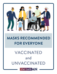 Illustration of group of adults and children with masks. Text "Masks recommended for everyone vaccinated and unvaccinated."