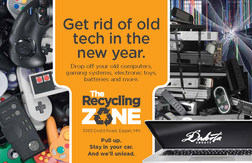 Game controllers, laptosp, electronics, text "Get rid of old tech in the new year. Drop off at The Recycling Zone in Eagan." follow link for more